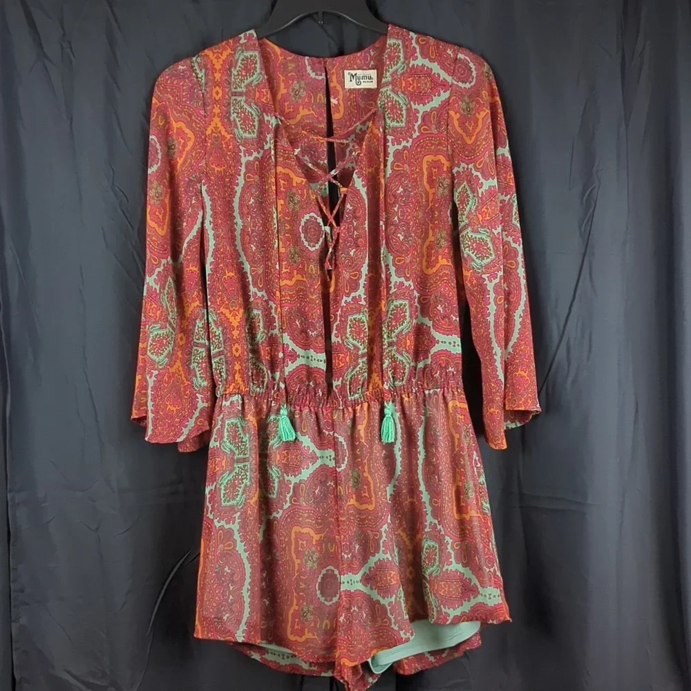 Show Me Your MuMu Red Paisley Lace-Up Romper with Mint Accents